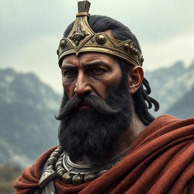The primary subject of the image is a man wearing a crown and a red robe. He is standing in front of a mountainous background, which adds to the overall atmosphere of the scene. The visual style of the image is a combination of photo and digital art, creating a realistic yet artistic representation of the man and his surroundings. The colors in the image are predominantly red and brown, which contribute to the warm and majestic mood of the scene.